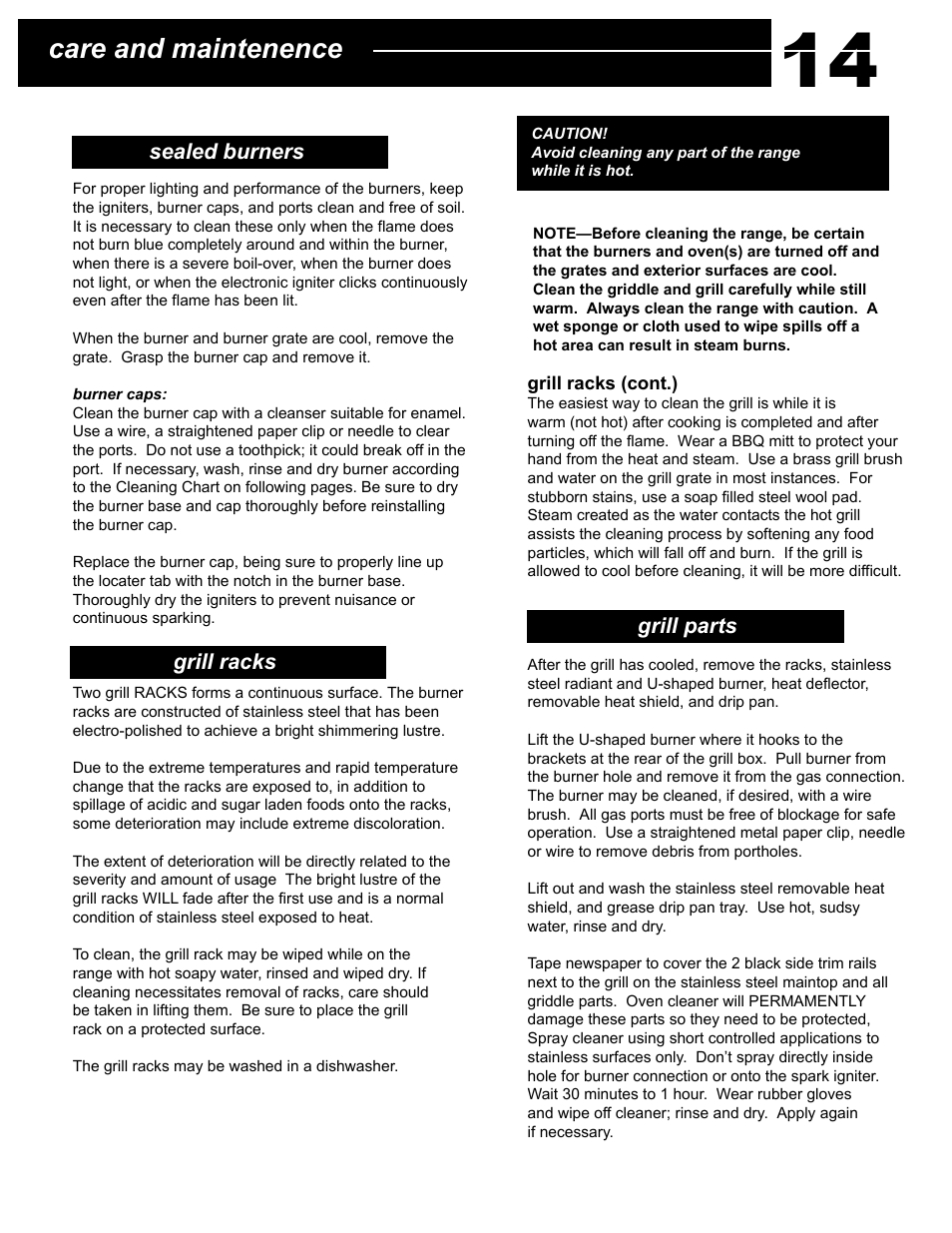 Care and maintenence | Capital Cooking Performance Series User Manual | Page 18 / 24