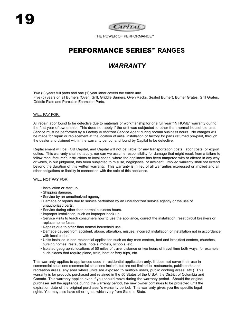 Performance series, Ranges warranty | Capital Cooking Performance Series User Manual | Page 23 / 24