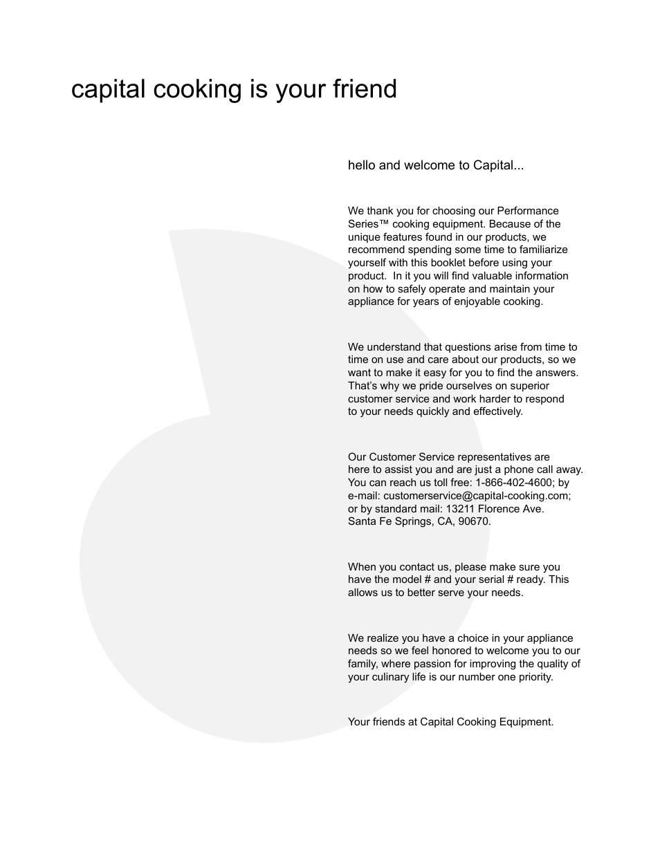 Capital cooking is your friend | Capital Cooking Performance Series User Manual | Page 3 / 24