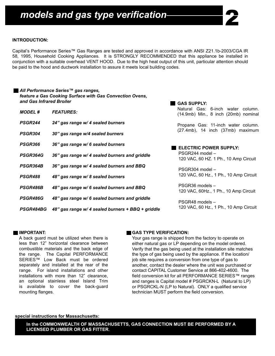 Models and gas type verification | Capital Cooking Performance Series User Manual | Page 6 / 24