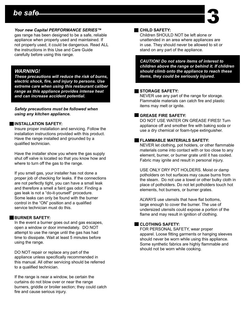 Be safe | Capital Cooking Performance Series User Manual | Page 7 / 24