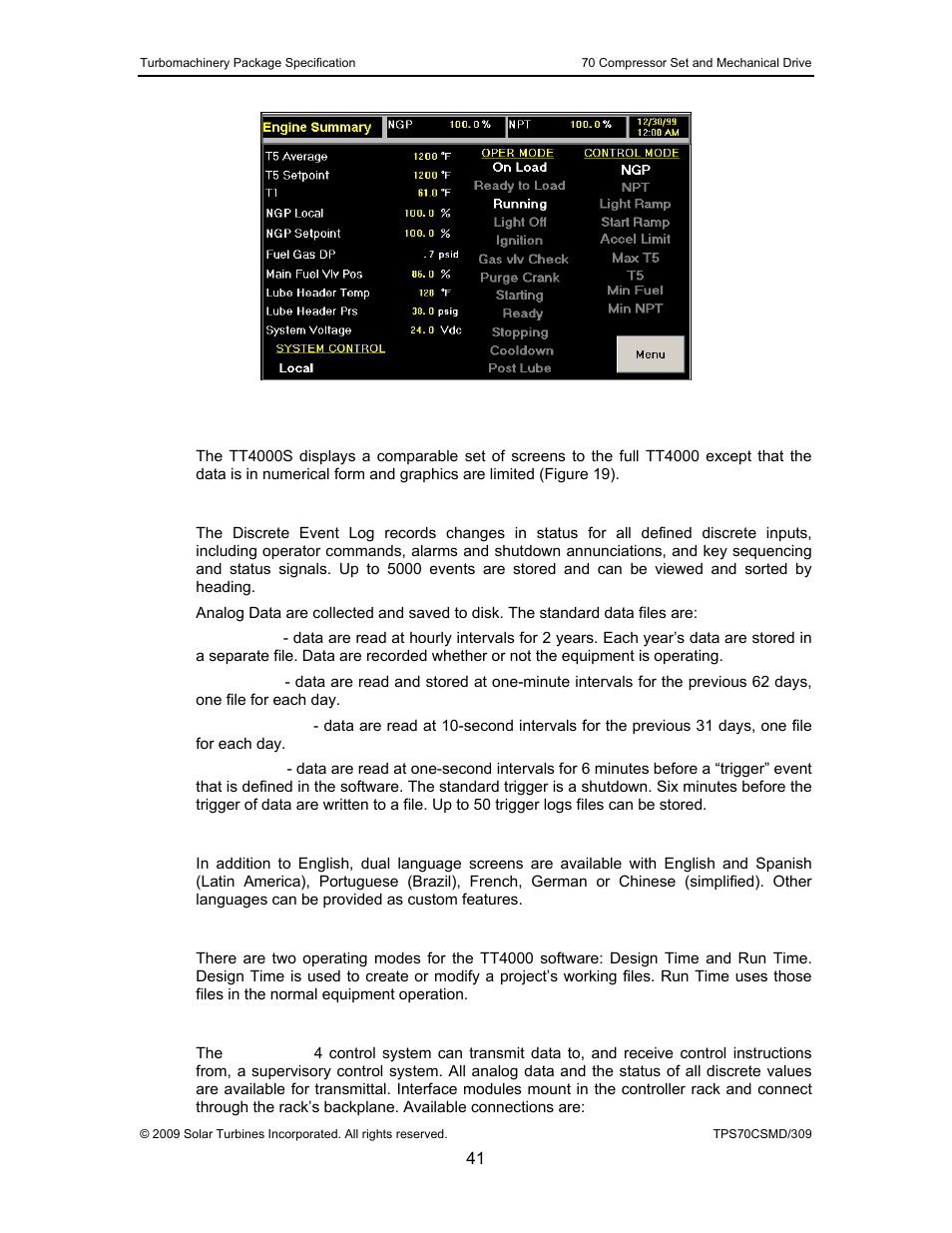 2 tt4000s display screens, 3 tt4000 data collection and display, 4 tt4000 display language | 5 tt4000 operating modes, 6 supervisory control interfaces, Figure 19, Typical tt4000s engine summary screen | Caterpillar TAURUS 70 User Manual | Page 42 / 83