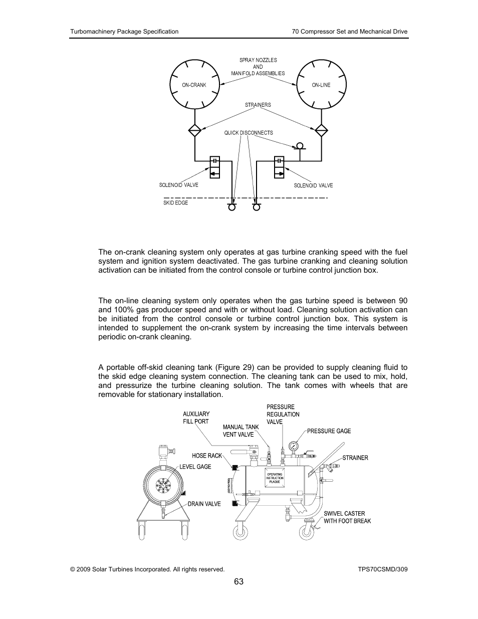 1 on-crank cleaning system, 2 on-line cleaning system, 3 turbine cleaning cart (optional) | Figure 28, Turbine cleaning system, Figure 29, Turbine cleaning cart | Caterpillar TAURUS 70 User Manual | Page 64 / 83