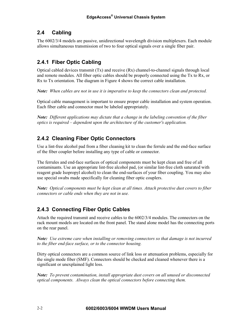 4 cabling, 1 fiber optic cabling, 2 cleaning fiber optic connectors | 3 connecting fiber optic cables, Cabling -2, Fiber optic cabling -2, Cleaning fiber optic connectors -2, Connecting fiber optic cables -2 | CANOGA PERKINS Multiplexer 6002 User Manual | Page 10 / 29