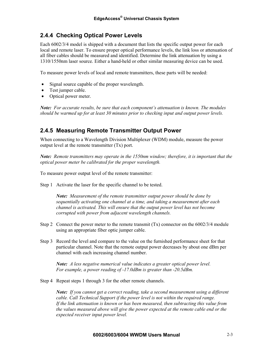 4 checking optical power levels, 5 measuring remote transmitter output power, Checking optical power levels -3 | Measuring remote transmitter output power -3 | CANOGA PERKINS Multiplexer 6002 User Manual | Page 11 / 29