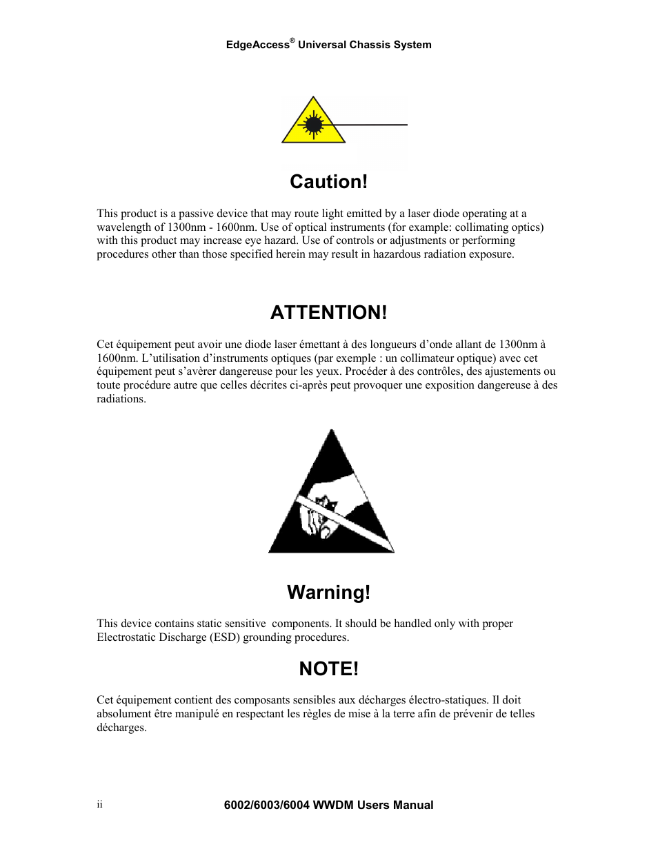 Caution, Attention, Warning | CANOGA PERKINS Multiplexer 6002 User Manual | Page 2 / 29