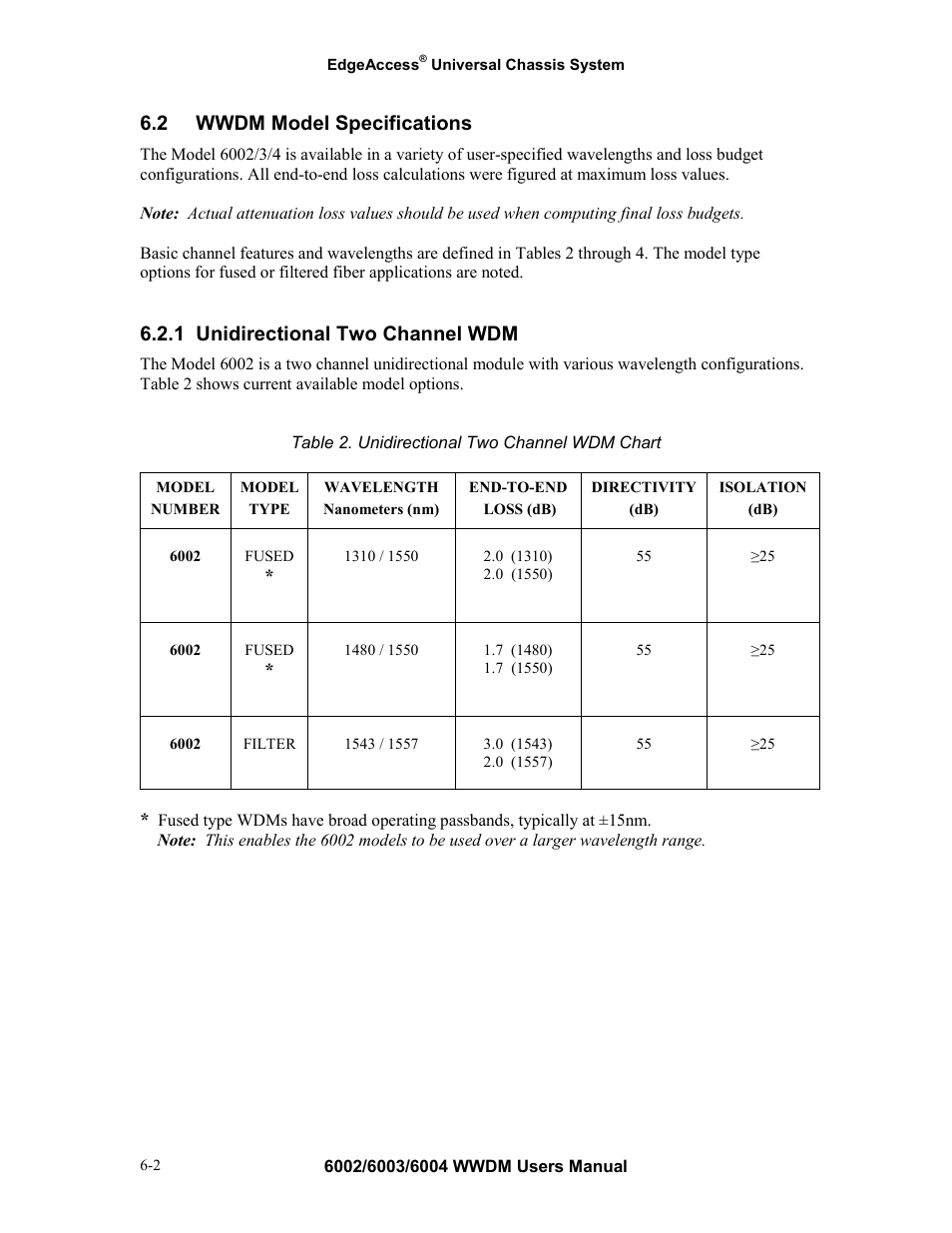 2 wwdm model specifications, 1 unidirectional two channel wdm, Wwdm model specifications -2 | Unidirectional two channel wdm -2 | CANOGA PERKINS Multiplexer 6002 User Manual | Page 24 / 29