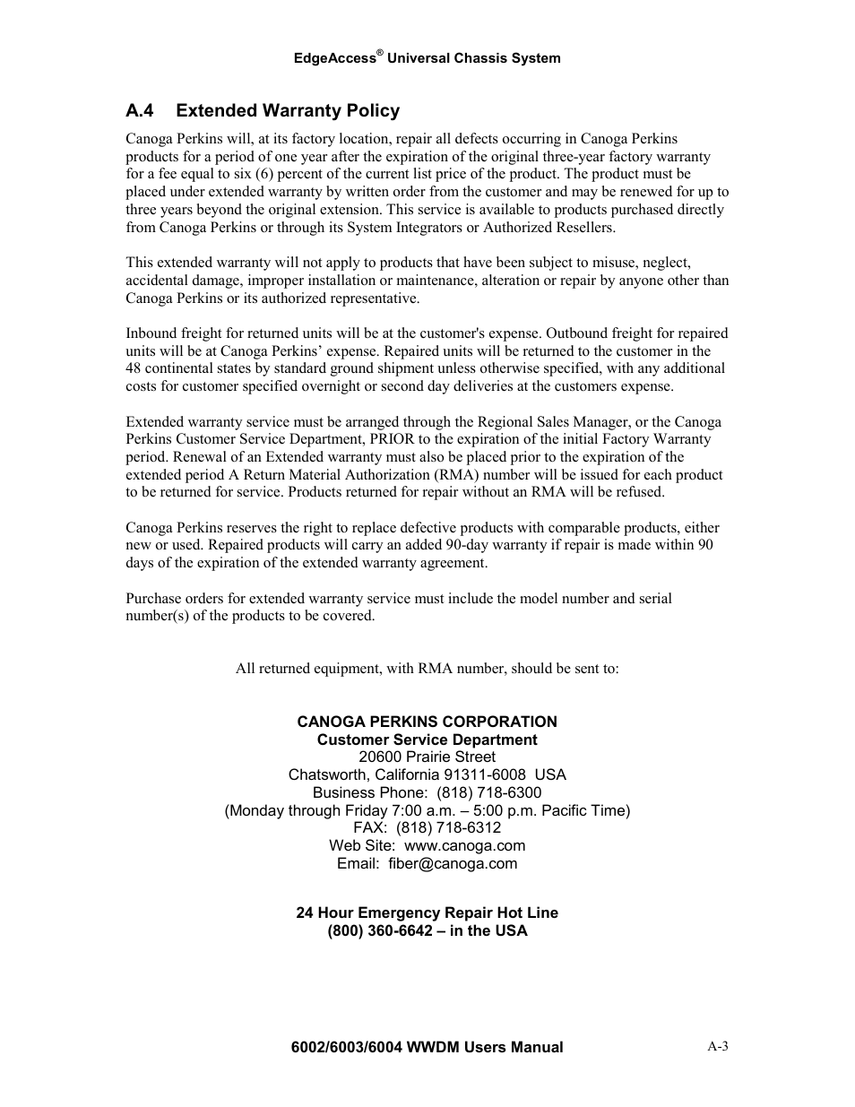 A.4 extended warranty policy | CANOGA PERKINS Multiplexer 6002 User Manual | Page 29 / 29
