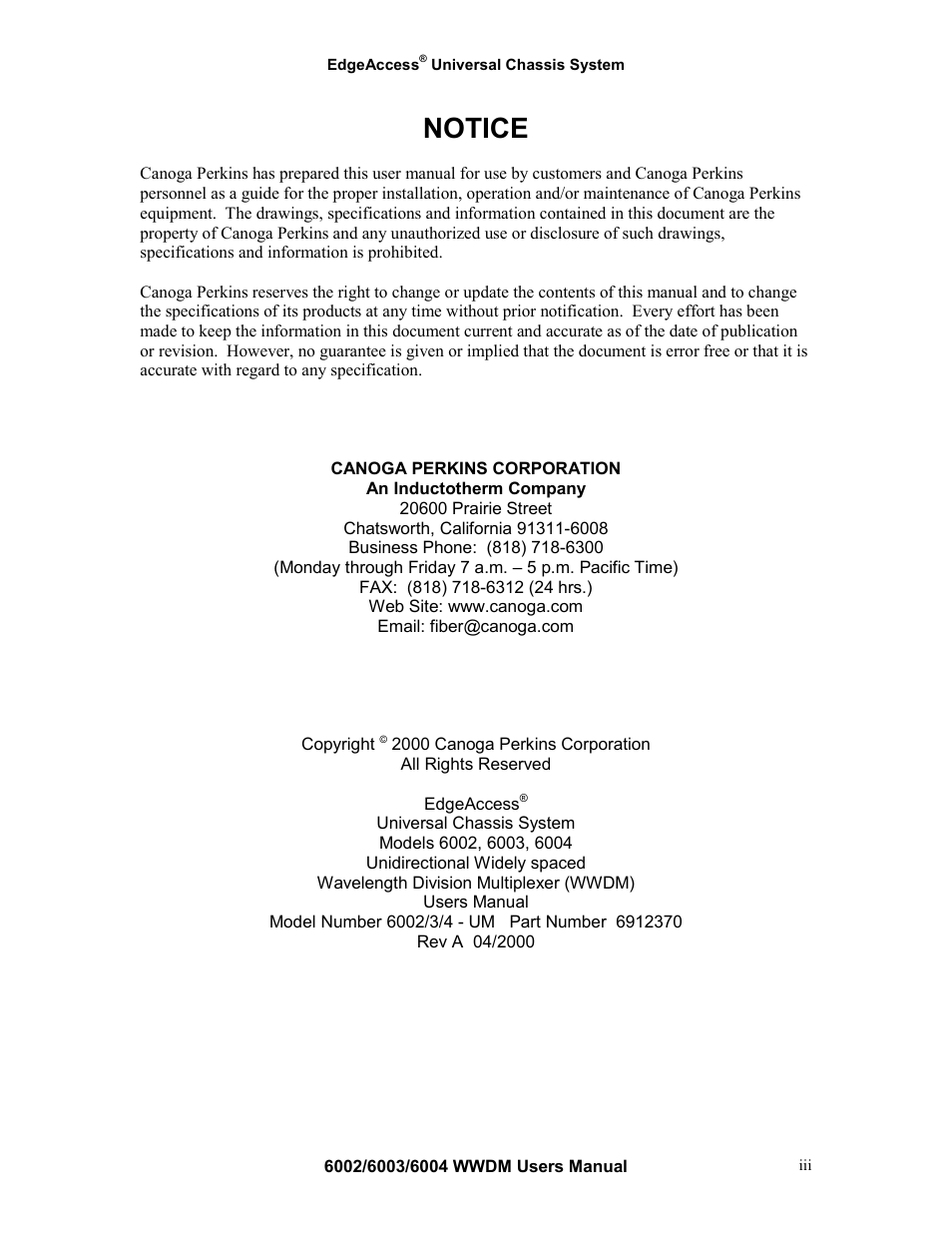 Notice | CANOGA PERKINS Multiplexer 6002 User Manual | Page 3 / 29