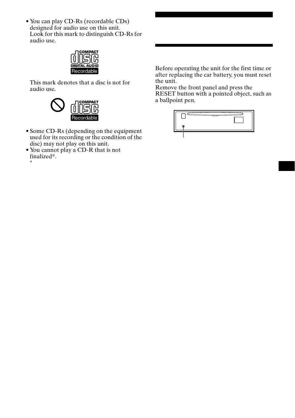 Getting started, Resetting the unit | Sony CDX-CA650X User Manual | Page 7 / 170