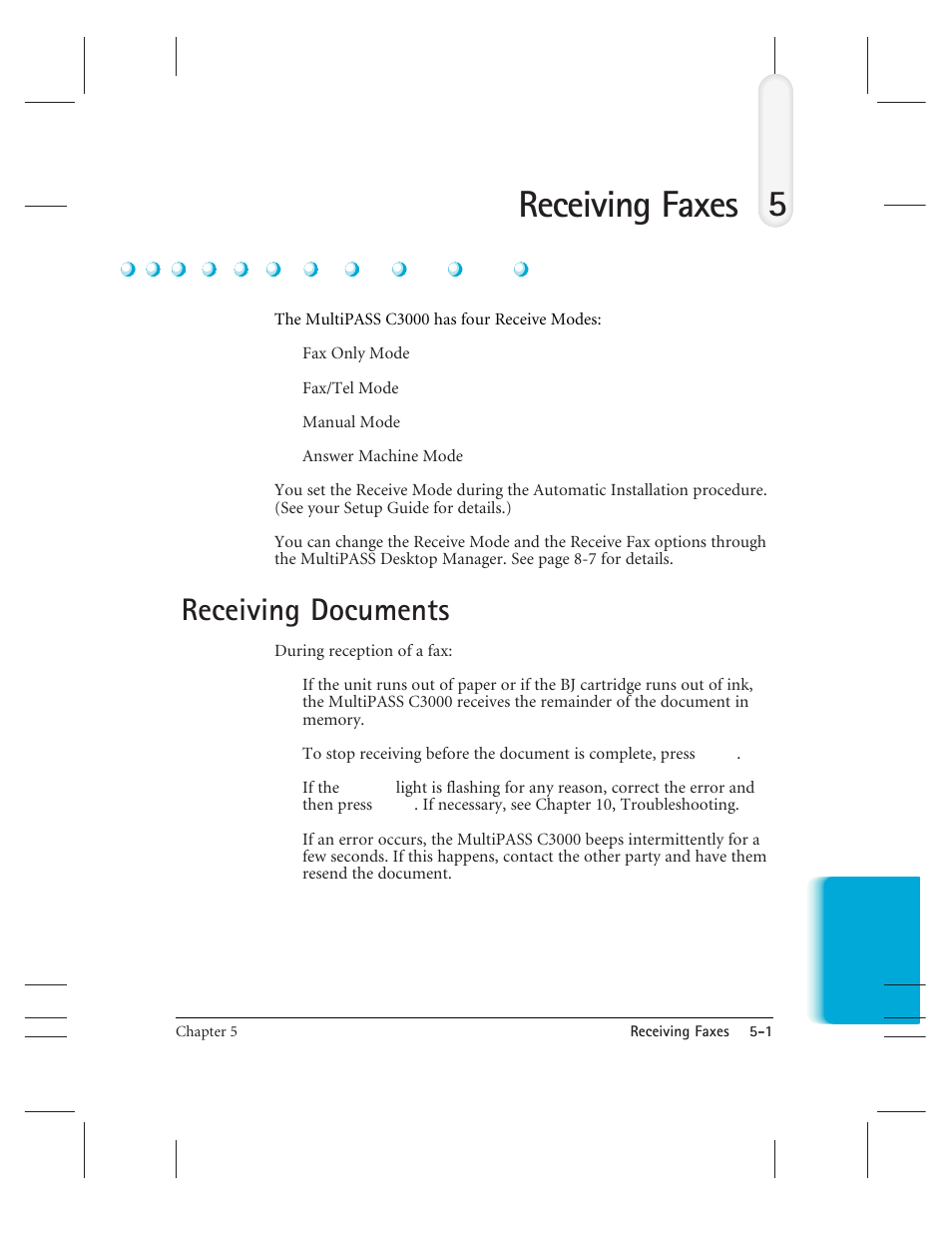 Receiving faxes, Receiving documents, 5receiving faxes | CK Electric Part C3000 User Manual | Page 114 / 260