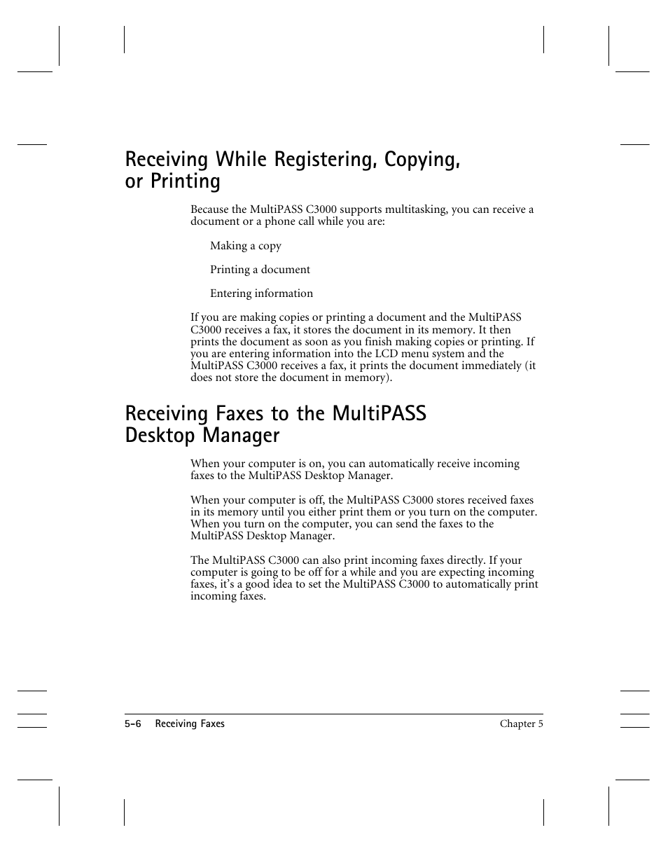 Receiving while registering, copying, or printing, Receiving faxes to the mp desktop manager, Receiving faxes to the multipass desktop manager | CK Electric Part C3000 User Manual | Page 119 / 260