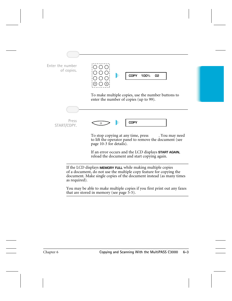 Reload the document and start copying again, If the lcd displays, Press start/copy | Enter the number of copies | CK Electric Part C3000 User Manual | Page 126 / 260