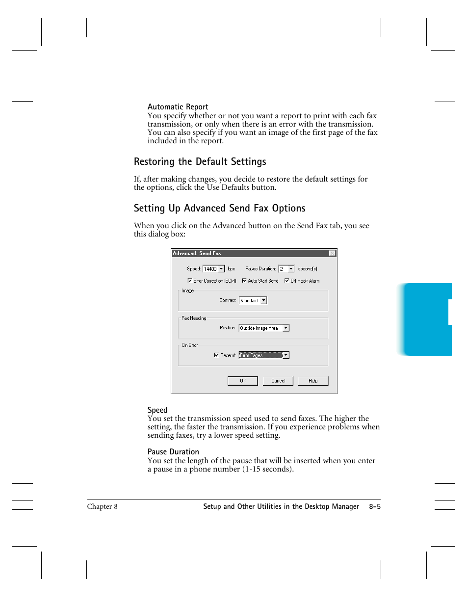 Restoring the default settings, Setting up advanced send fax options | CK Electric Part C3000 User Manual | Page 164 / 260
