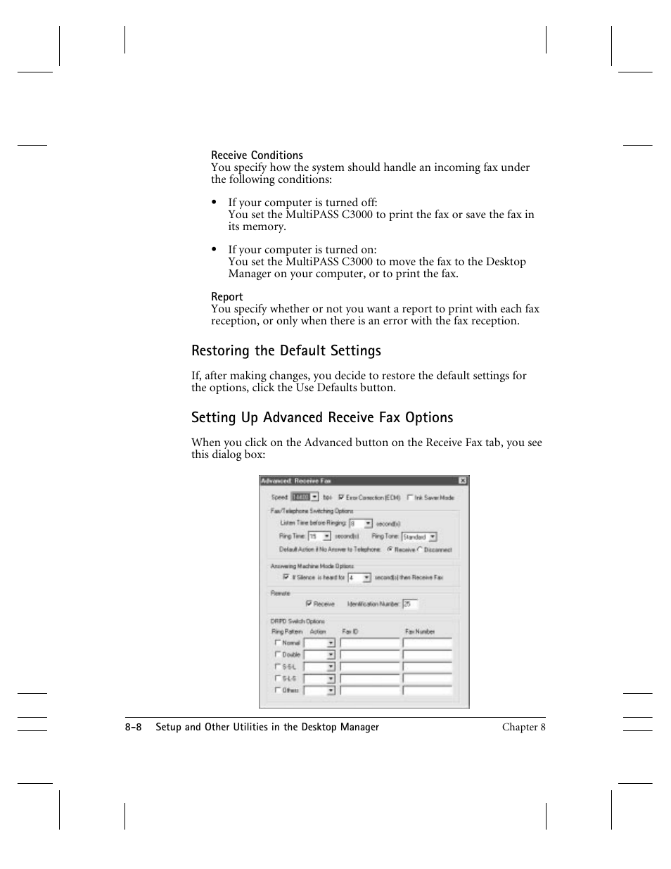 Restoring the default settings, Setting up advanced receive fax options | CK Electric Part C3000 User Manual | Page 167 / 260