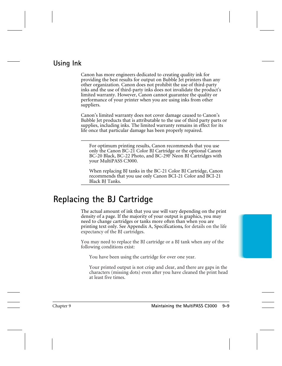Replacing the bj cartridge, Using ink | CK Electric Part C3000 User Manual | Page 192 / 260