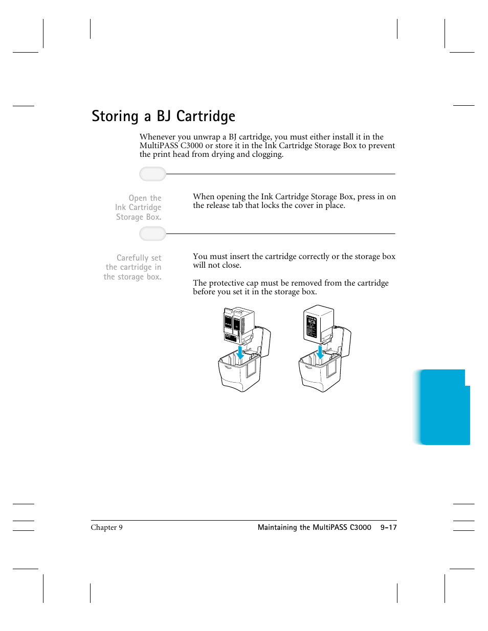 Storing a bj cartridge, Carefully set the cartridge in the storage box, Open the ink cartridge storage box | CK Electric Part C3000 User Manual | Page 200 / 260