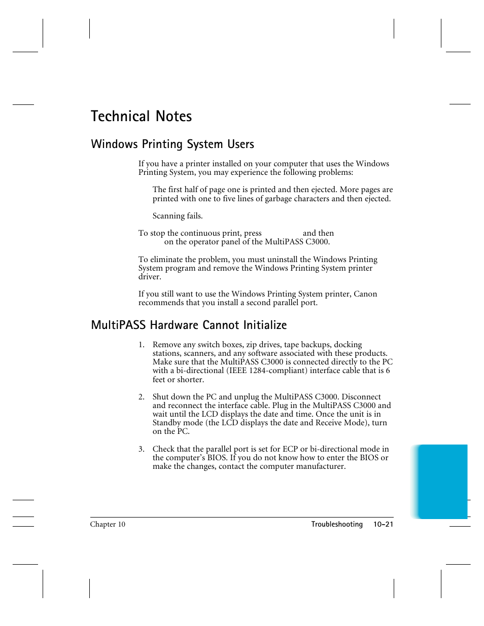 Technical notes, Windows printing system users, Multipass hardware cannot initialize | CK Electric Part C3000 User Manual | Page 223 / 260