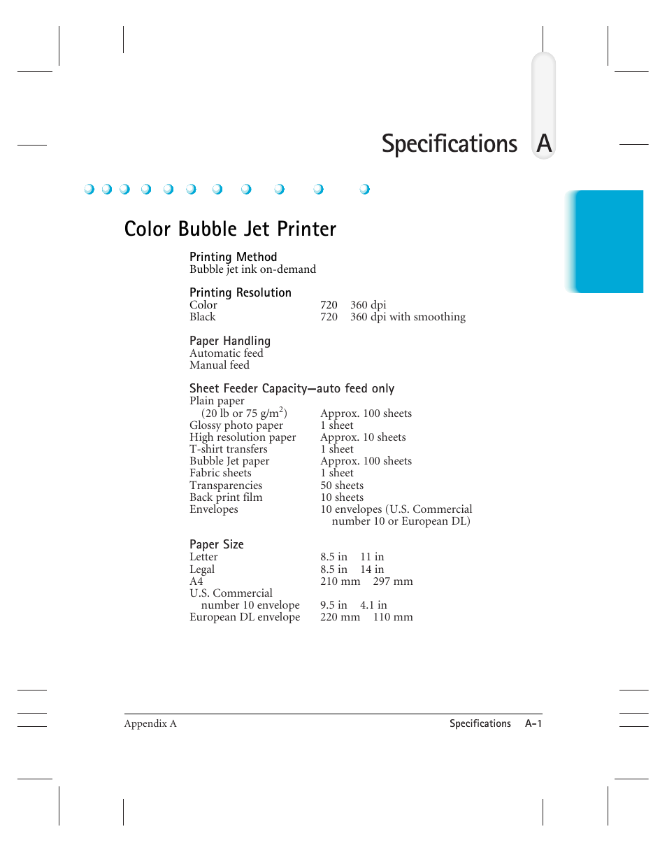 Appendix a: specifications, Aspecifications, Color bubble jet printer | CK Electric Part C3000 User Manual | Page 226 / 260