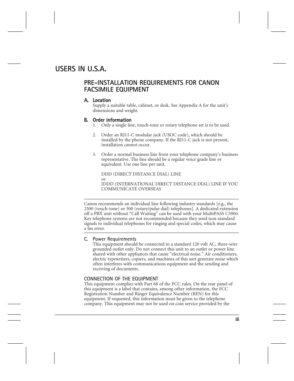 Pre-installation requirements - u.s.a, Users in u.s.a | CK Electric Part C3000 User Manual | Page 3 / 260