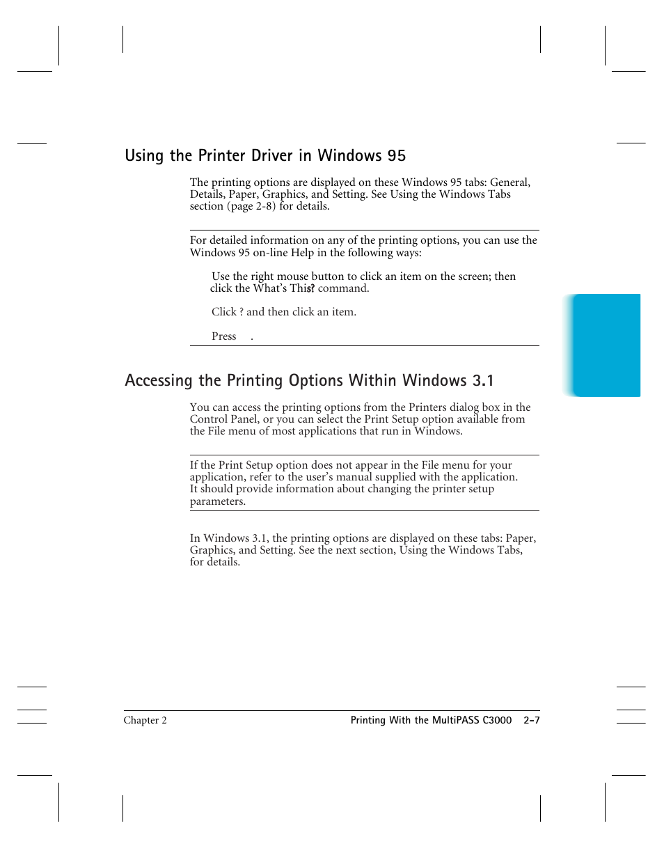 Using the printer driver in windows 95, Accessing the printing options within windows 3.1 | CK Electric Part C3000 User Manual | Page 32 / 260