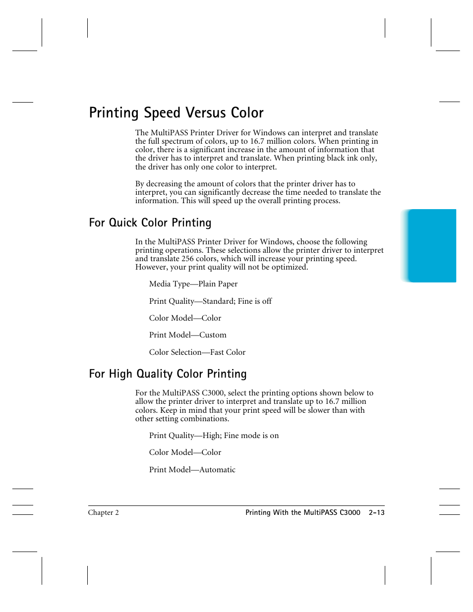 Printing speed vs. color, Printing speed versus color, For quick color printing | For high quality color printing | CK Electric Part C3000 User Manual | Page 38 / 260