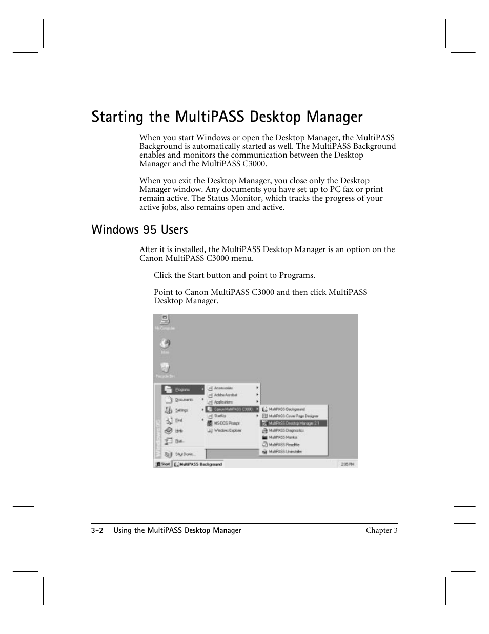 Starting the mp desktop manager, Starting the multipass desktop manager, Windows 95 users | CK Electric Part C3000 User Manual | Page 63 / 260