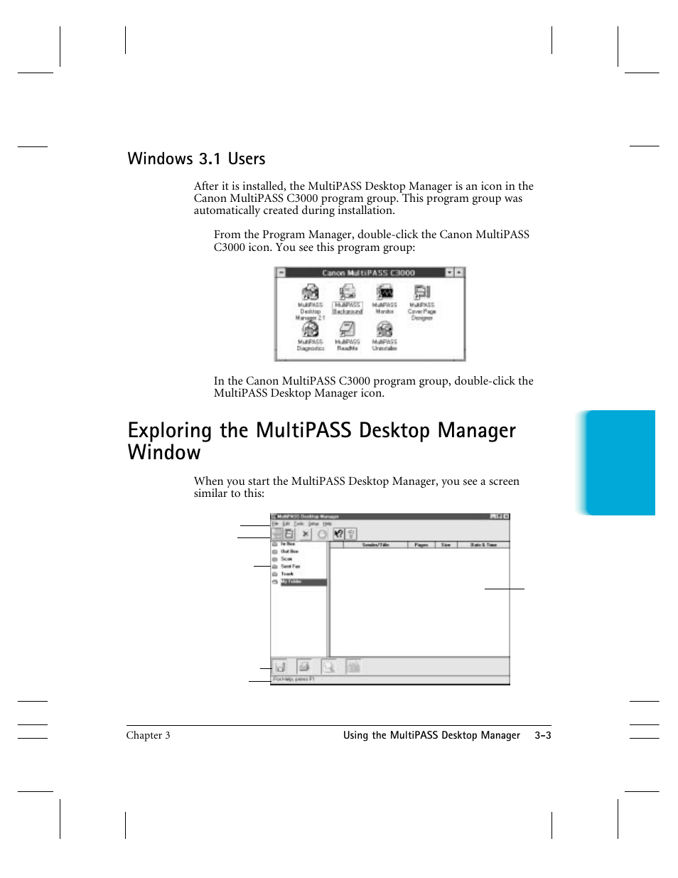 Exploring the mp desktop manager window, Exploring the multipass desktop manager window, Windows 3.1 users | CK Electric Part C3000 User Manual | Page 64 / 260