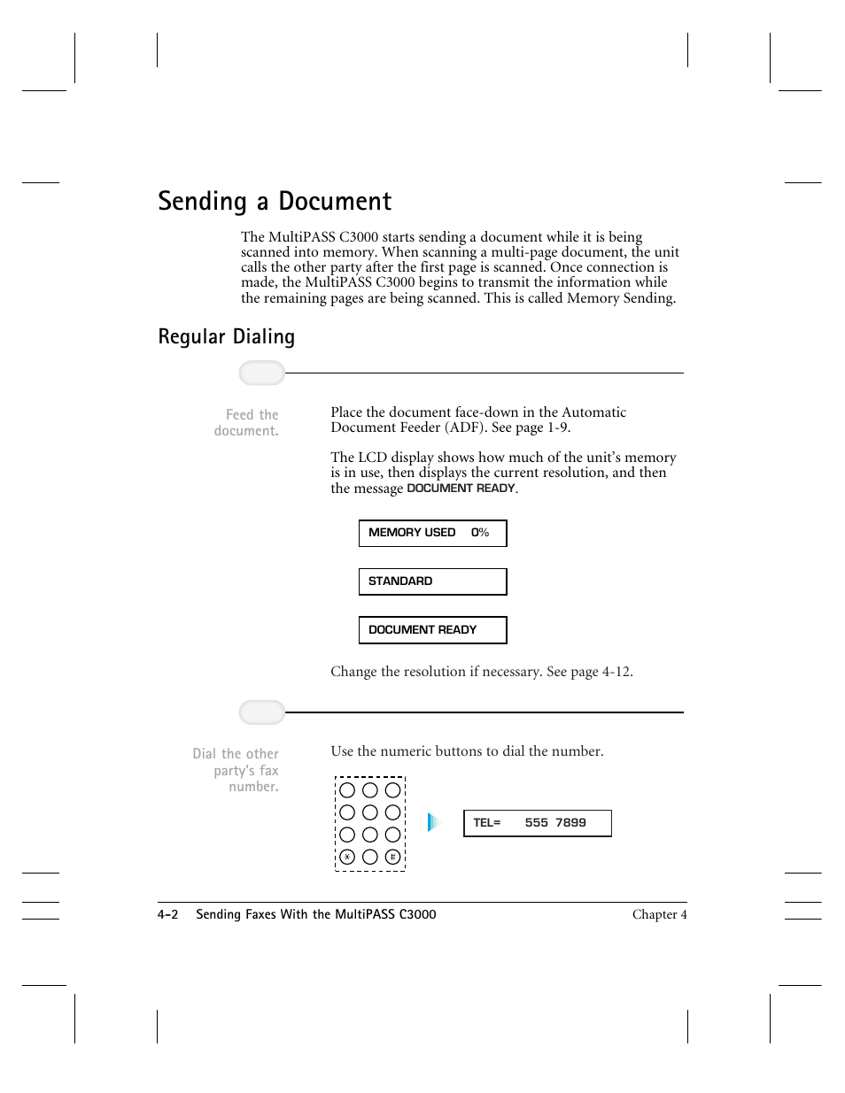 Sending a document, Regular dialing, Dial the other partys fax number | Feed the document | CK Electric Part C3000 User Manual | Page 85 / 260