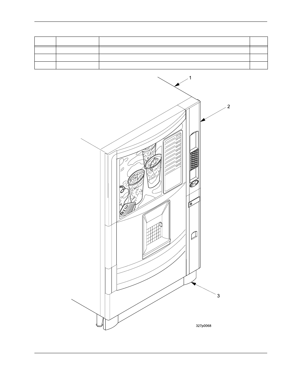 Section a: exterior of door, Table 1: 328 merchandiser, Section a: exterior of door figure 1 | 328 merchandiser, Table 1 | Crane Merchandising Systems 327 User Manual | Page 9 / 172