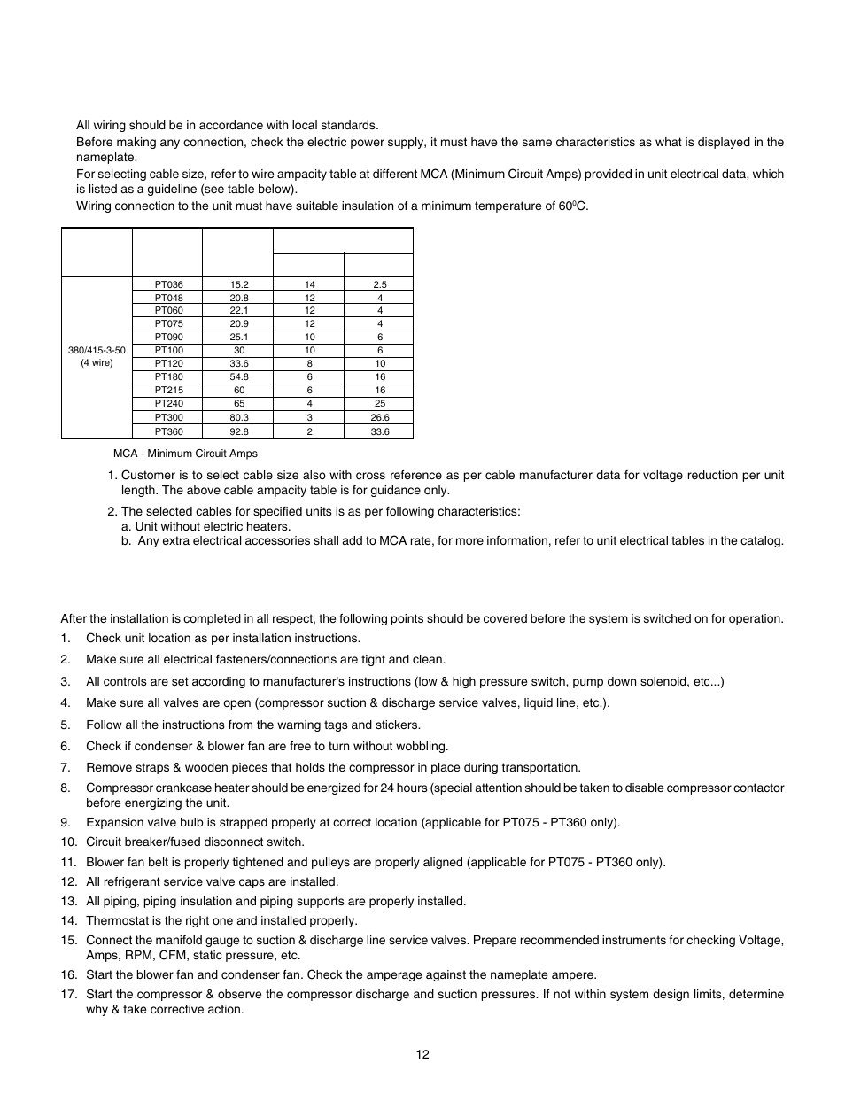 Operation instructions, Start-up inspection & check list, Cable size | Cooline PT036L User Manual | Page 13 / 31