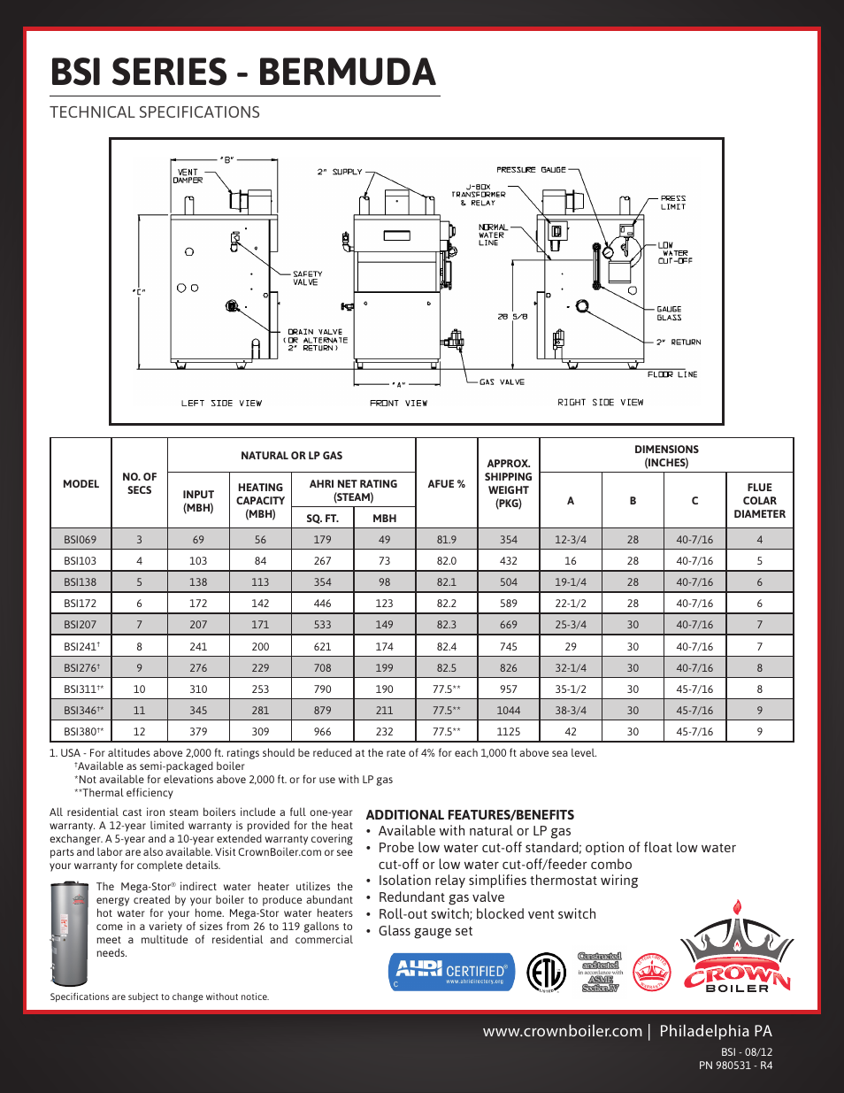 Bsi series - bermuda, Technical specifications | Crown Boiler BSI069 User Manual | Page 2 / 2