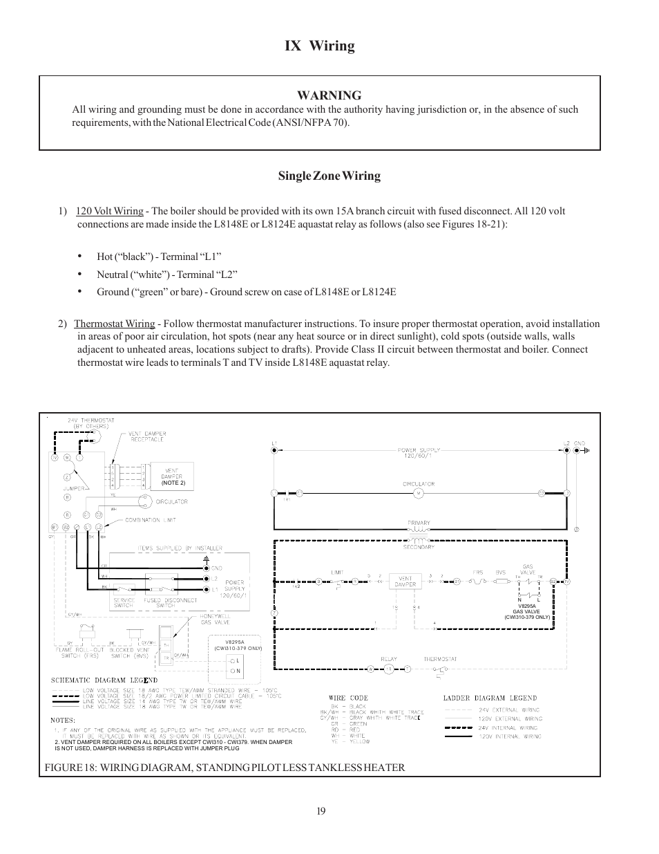 Ix wiring, Single zone wiring, Warning | Crown Boiler CWI138 User Manual | Page 20 / 56