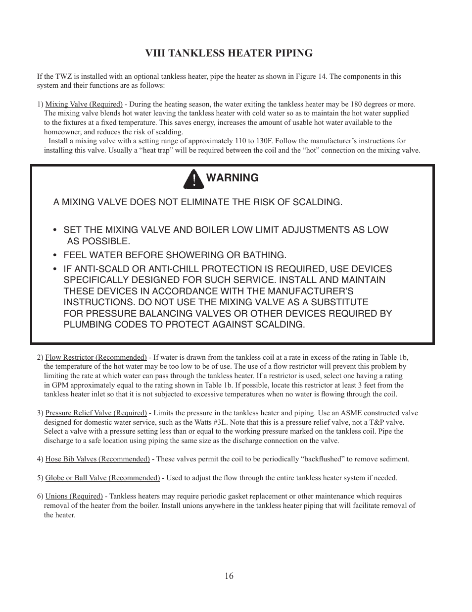 Viii tankless heater piping, Warning | Crown Boiler TWZ175 User Manual | Page 18 / 34