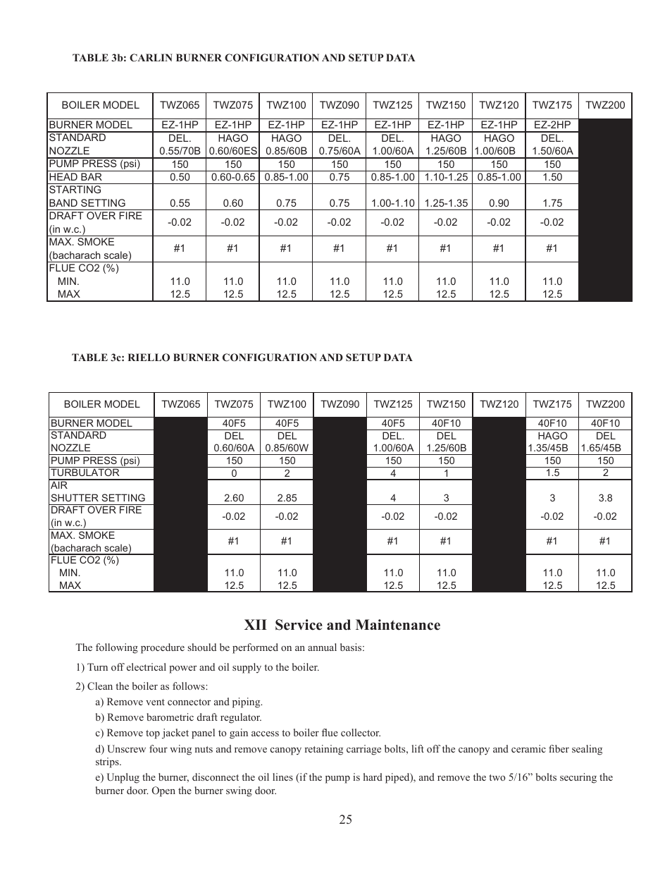 Xii service and maintenance | Crown Boiler TWZ175 User Manual | Page 27 / 34