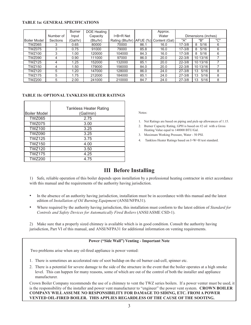 Iii before installing | Crown Boiler TWZ175 User Manual | Page 5 / 34