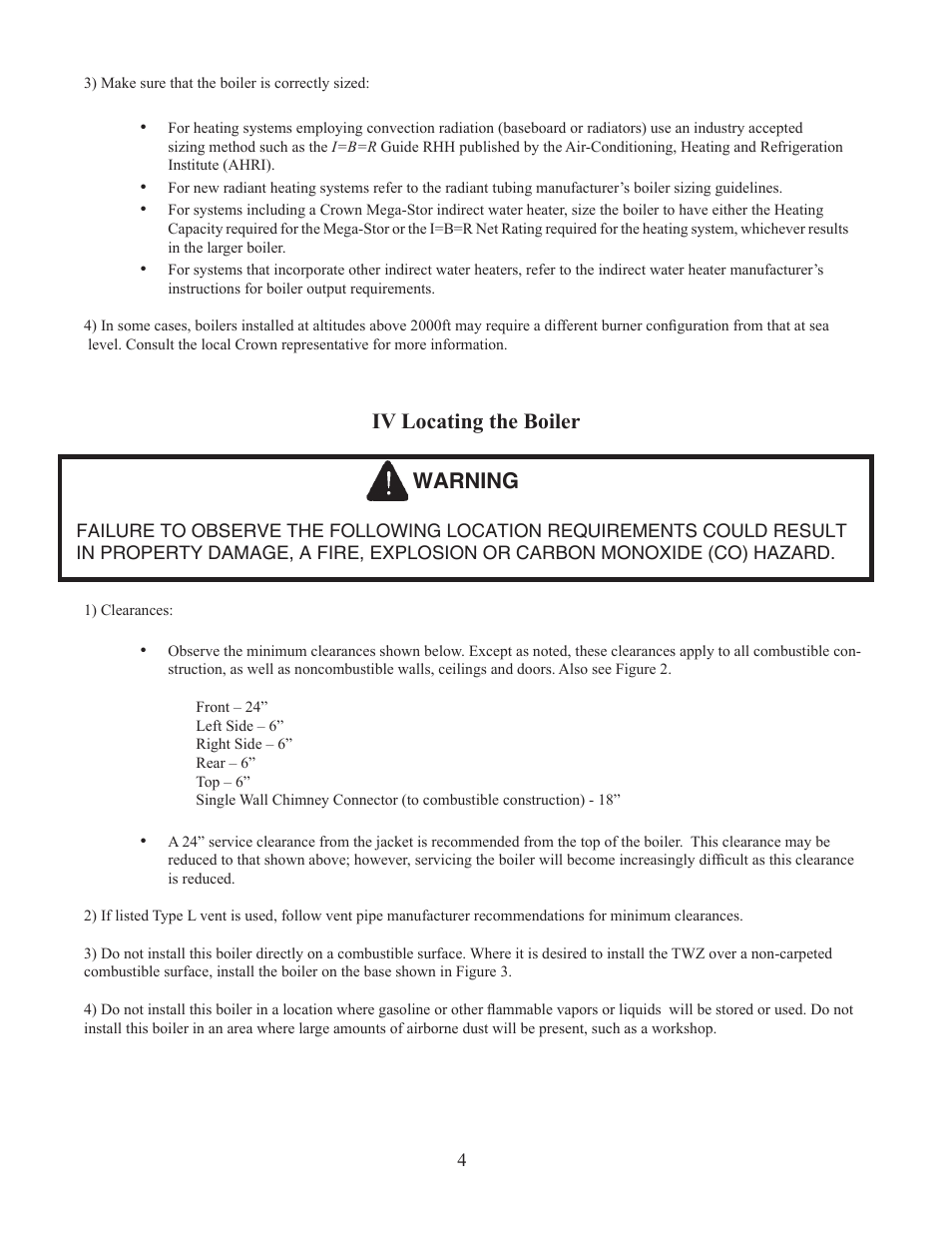 Iv locating the boiler, Warning | Crown Boiler TWZ175 User Manual | Page 6 / 34