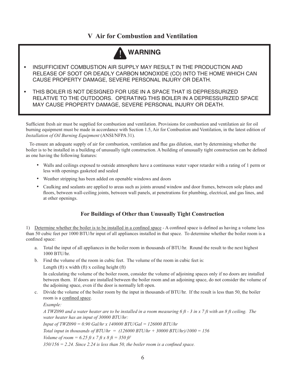 V air for combustion and ventilation, Warning | Crown Boiler TWZ175 User Manual | Page 8 / 34