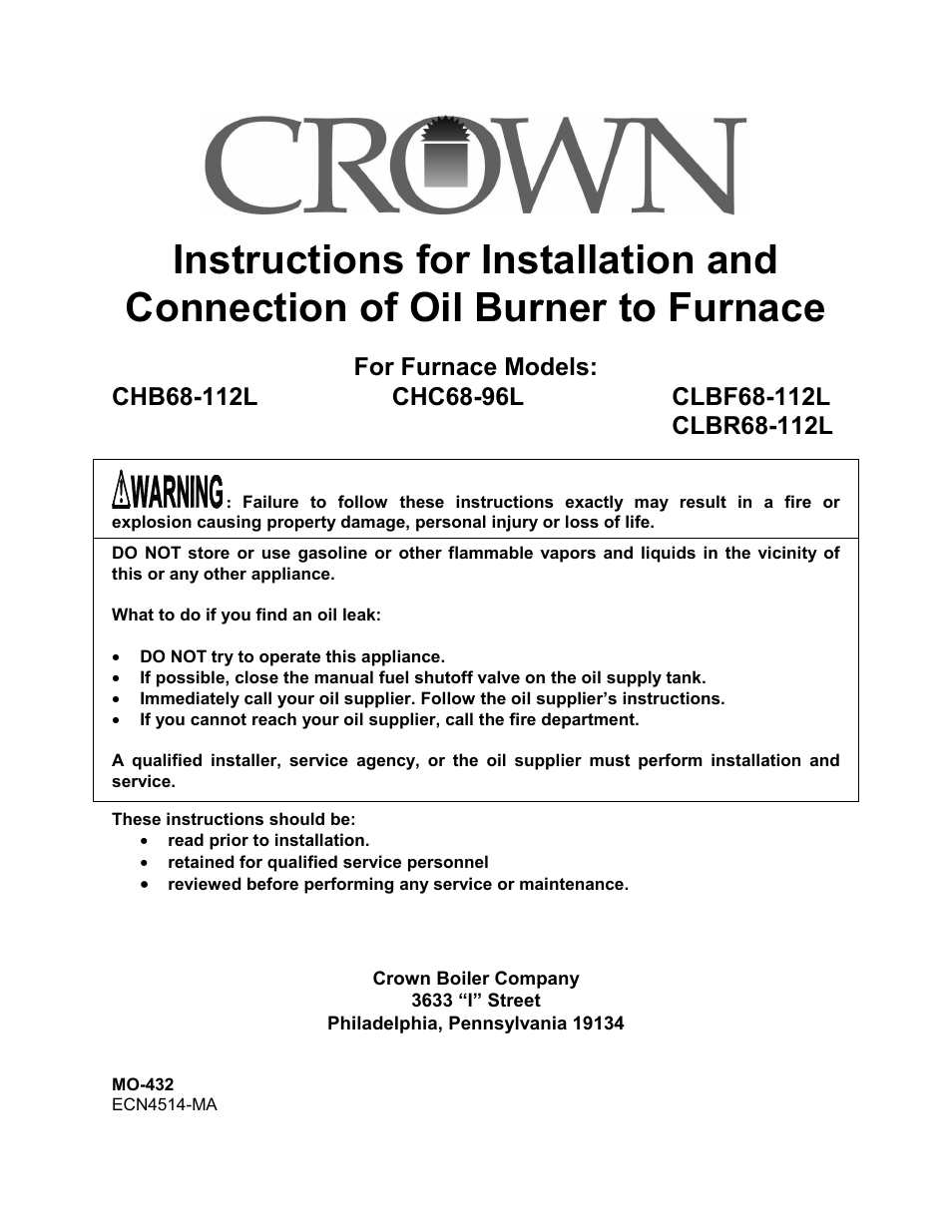 Crown Boiler CLBR68-112L User Manual | 6 pages