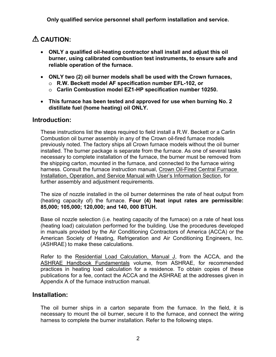 Caution, Introduction | Crown Boiler CLBR68-112L User Manual | Page 2 / 6