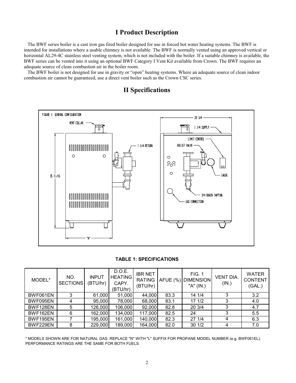 I product description, Ii specifications | Crown Boiler BWF229 User Manual | Page 3 / 54