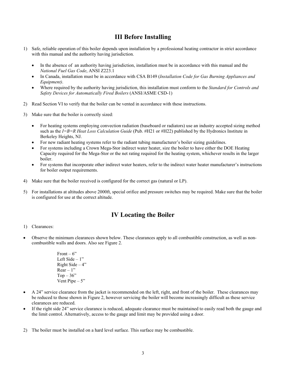 Iii before installing, Iv locating the boiler | Crown Boiler BWF229 User Manual | Page 4 / 54