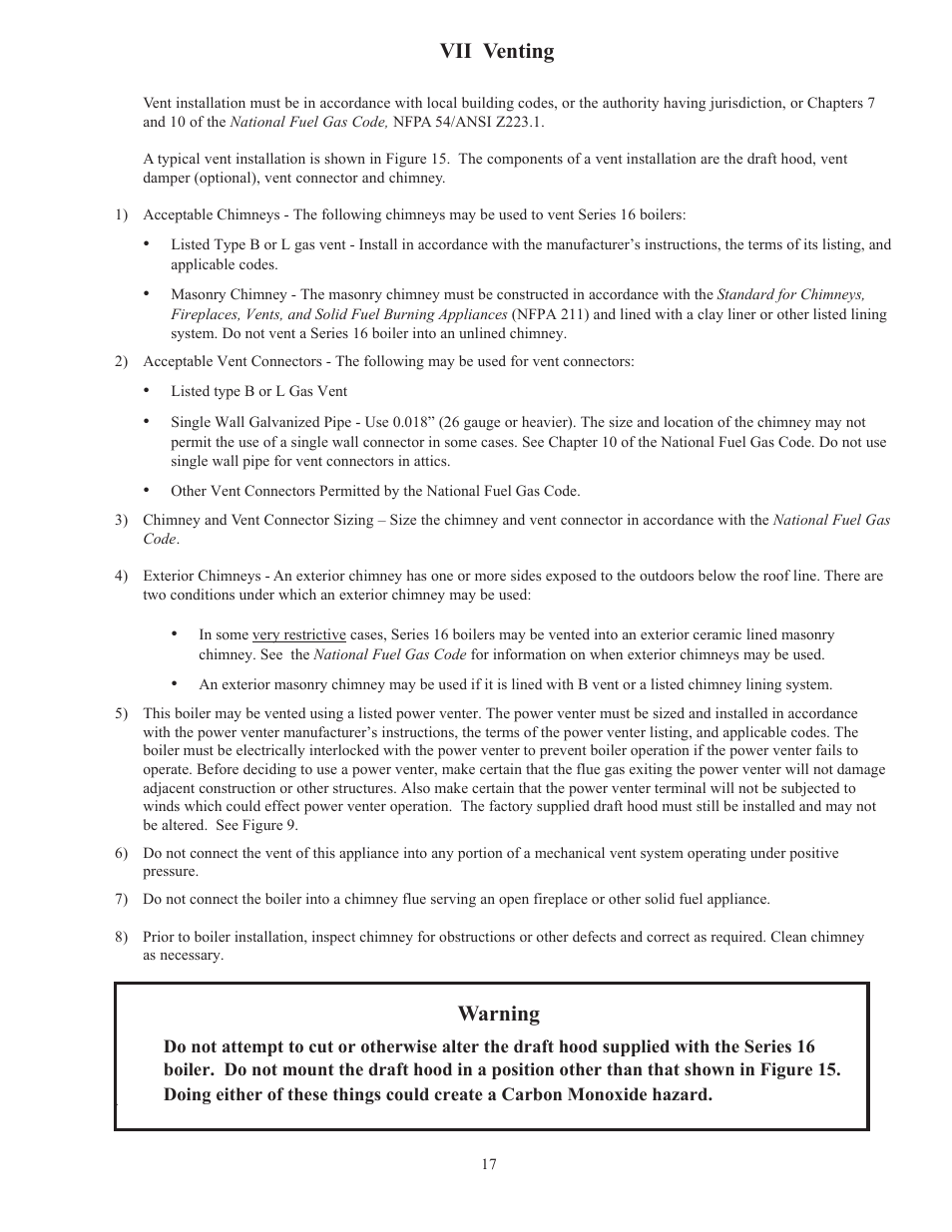 Vii venting, Warning | Crown Boiler 16-325 500506 User Manual | Page 19 / 48