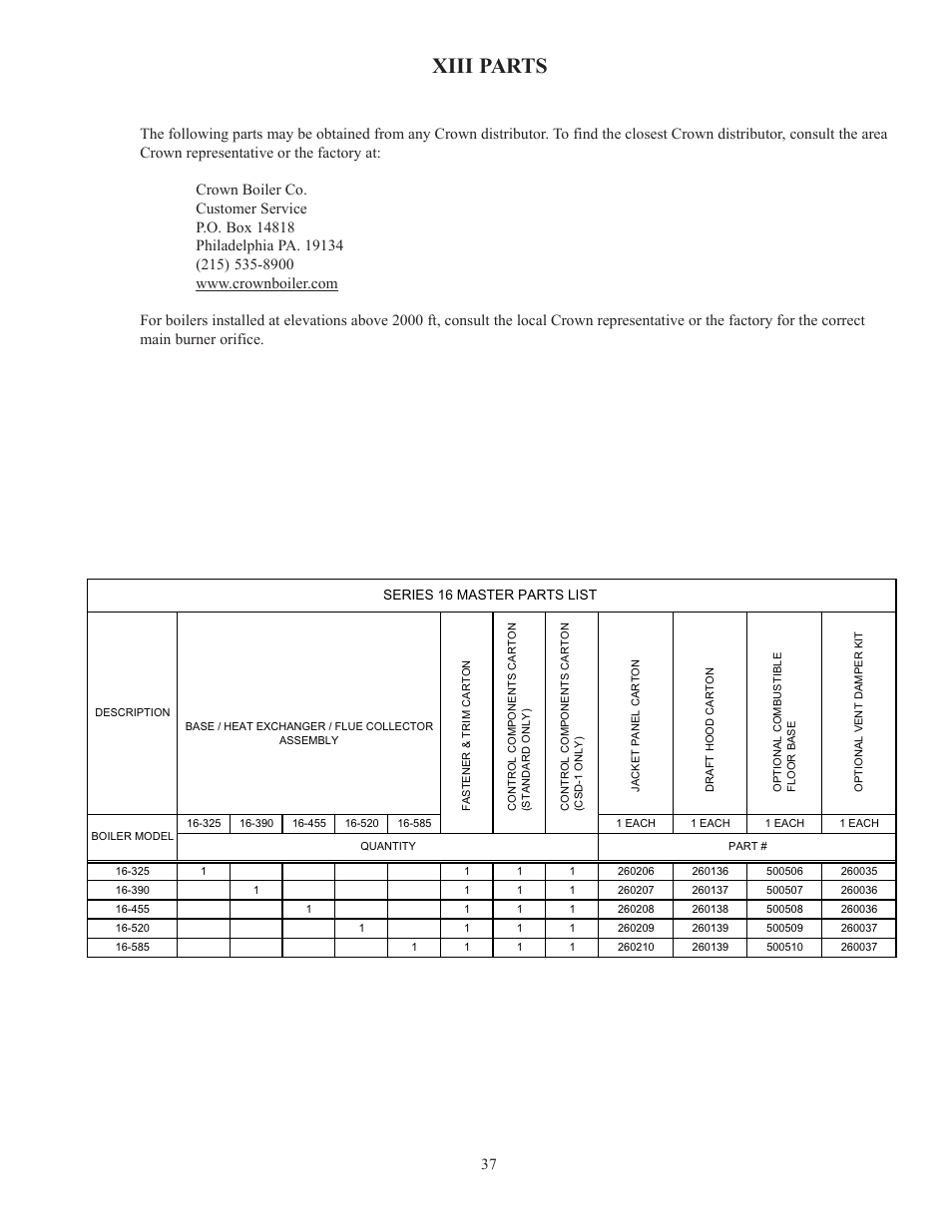 Xiii parts | Crown Boiler 16-325 500506 User Manual | Page 39 / 48