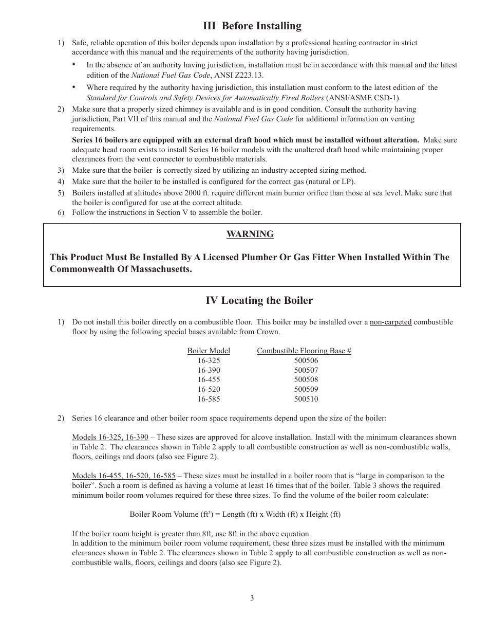 Iii before installing, Iv locating the boiler | Crown Boiler 16-325 500506 User Manual | Page 5 / 48