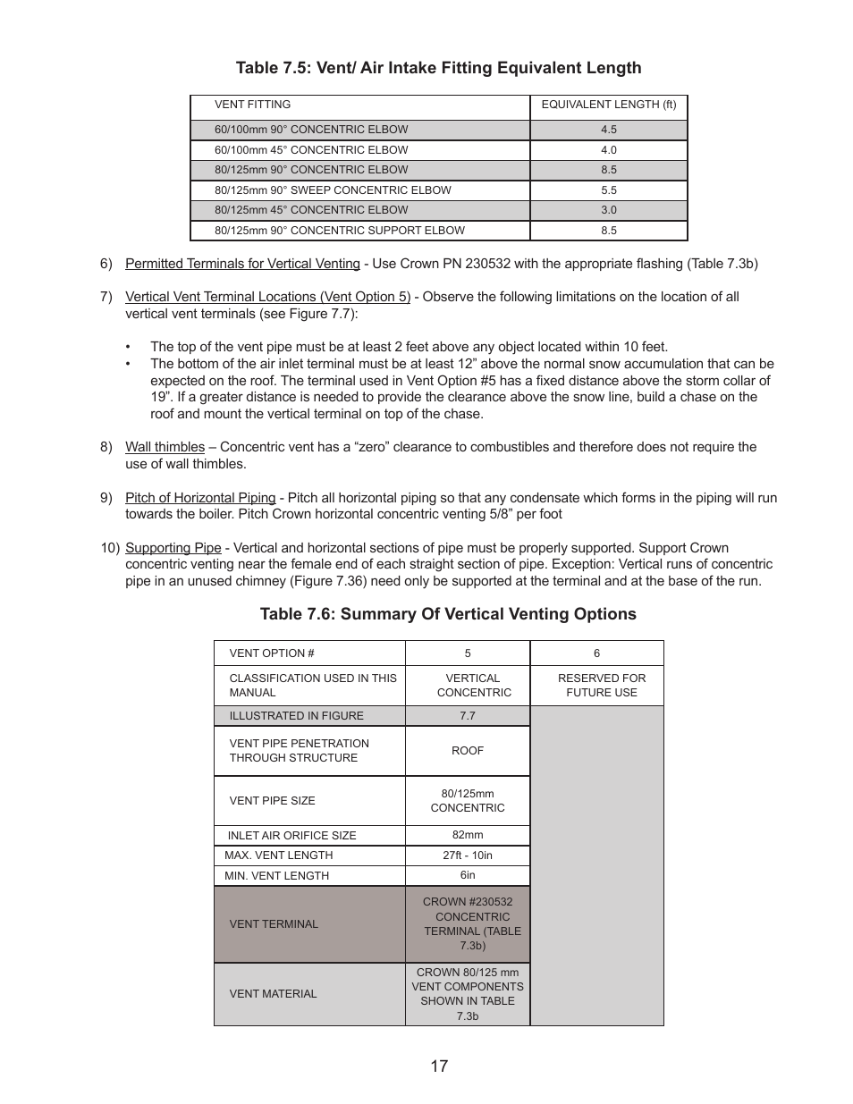 Table 7.6: summary of vertical venting options | Crown Boiler MWC116ENL User Manual | Page 19 / 88