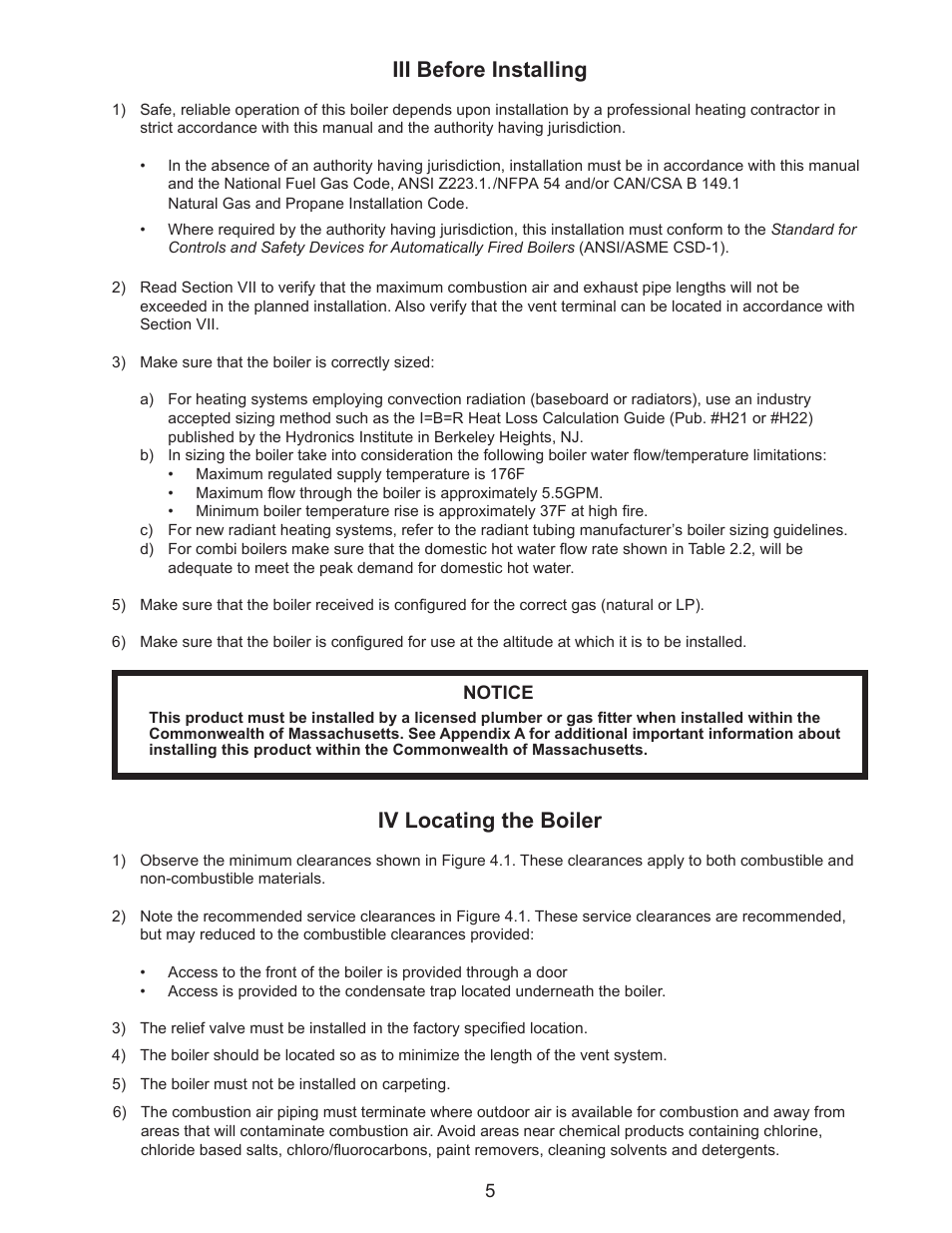 Iii before installing, Iv locating the boiler | Crown Boiler MWC116ENL User Manual | Page 7 / 88