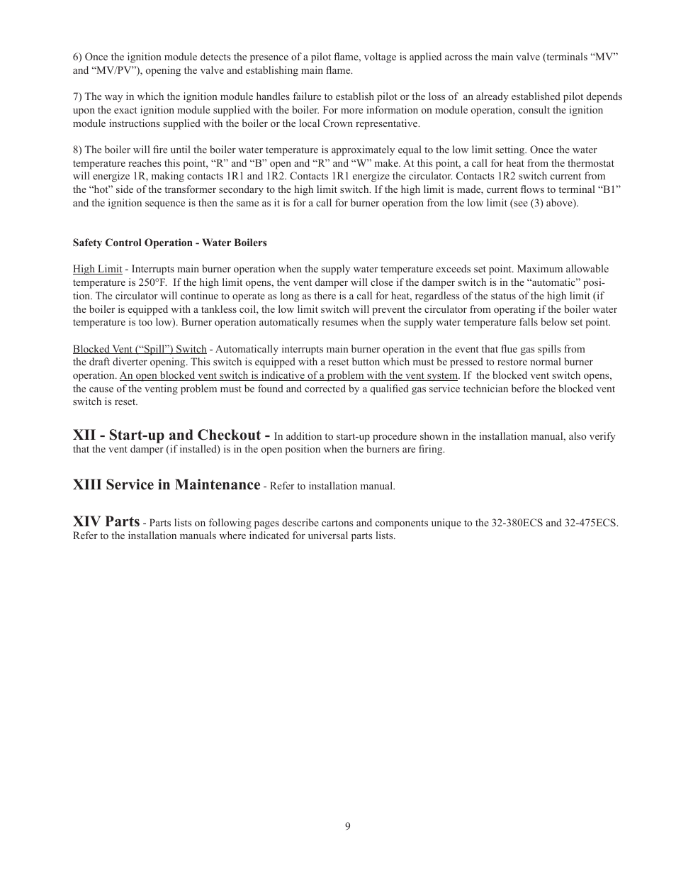 Xii - start-up and checkout, Xiii service in maintenance, Xiv parts | Crown Boiler 32-380ECS User Manual | Page 11 / 16