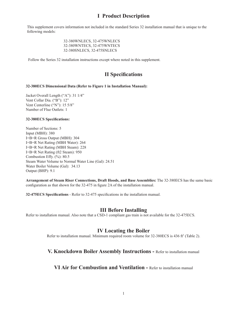 I product description, Ii specifications, Iii before installing | Iv locating the boiler, V. knockdown boiler assembly instructions, Vi air for combustion and ventilation | Crown Boiler 32-380ECS User Manual | Page 3 / 16