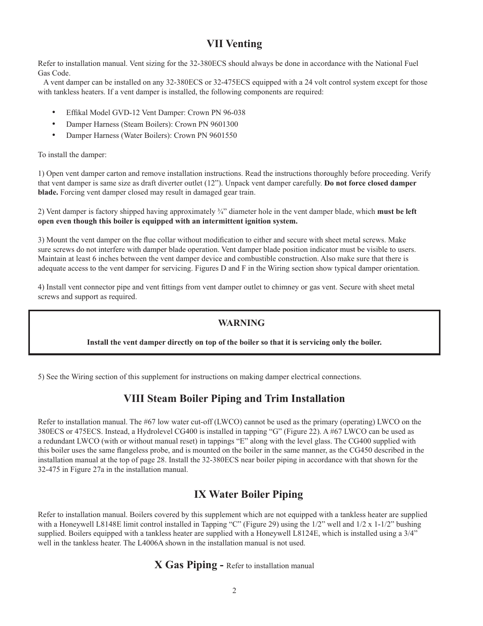 Vii venting, Viii steam boiler piping and trim installation, Ix water boiler piping | X gas piping | Crown Boiler 32-380ECS User Manual | Page 4 / 16
